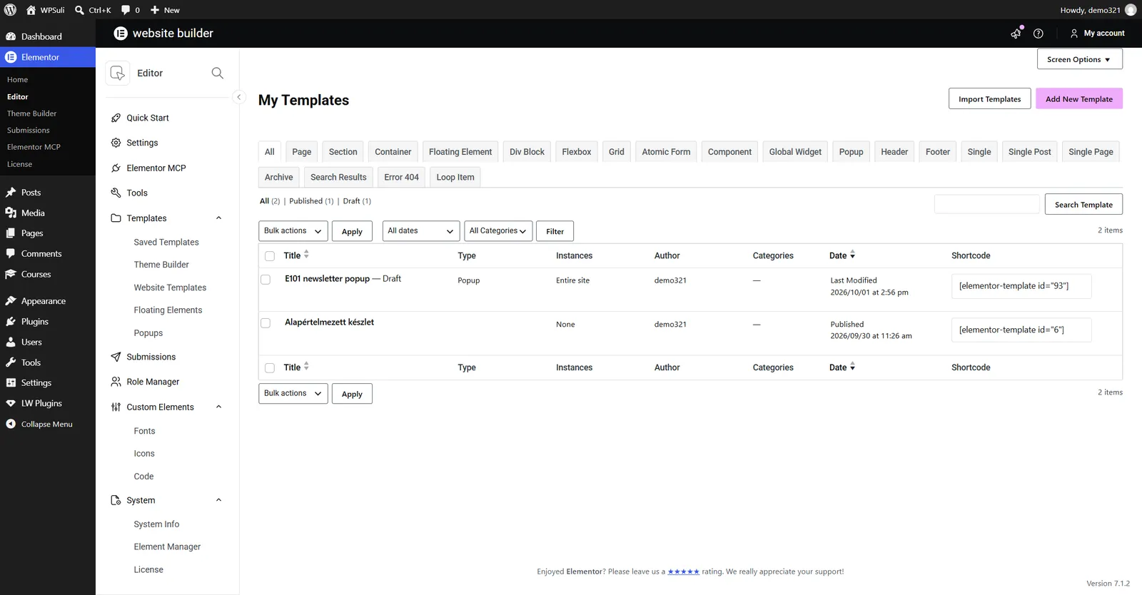 Elementor My Templates screen with Import Templates and Add New Template buttons