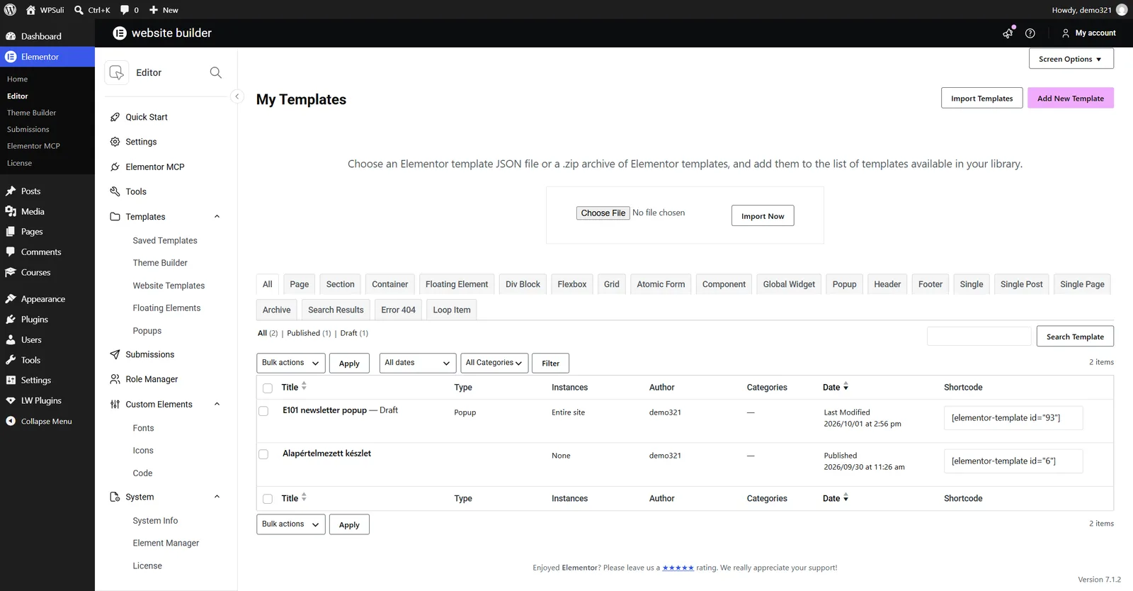 Import Templates panel with Choose File and Import Now buttons