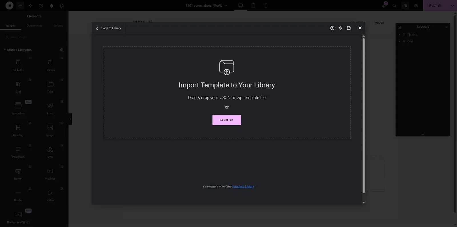 Import Template to Your Library dropzone with Select File button