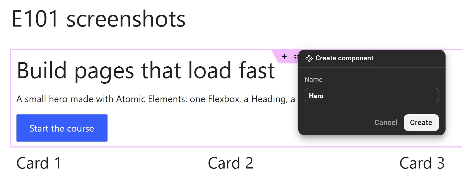 The Create component dialog over a selected Flexbox, with a Name field filled in as Hero and Create and Cancel buttons