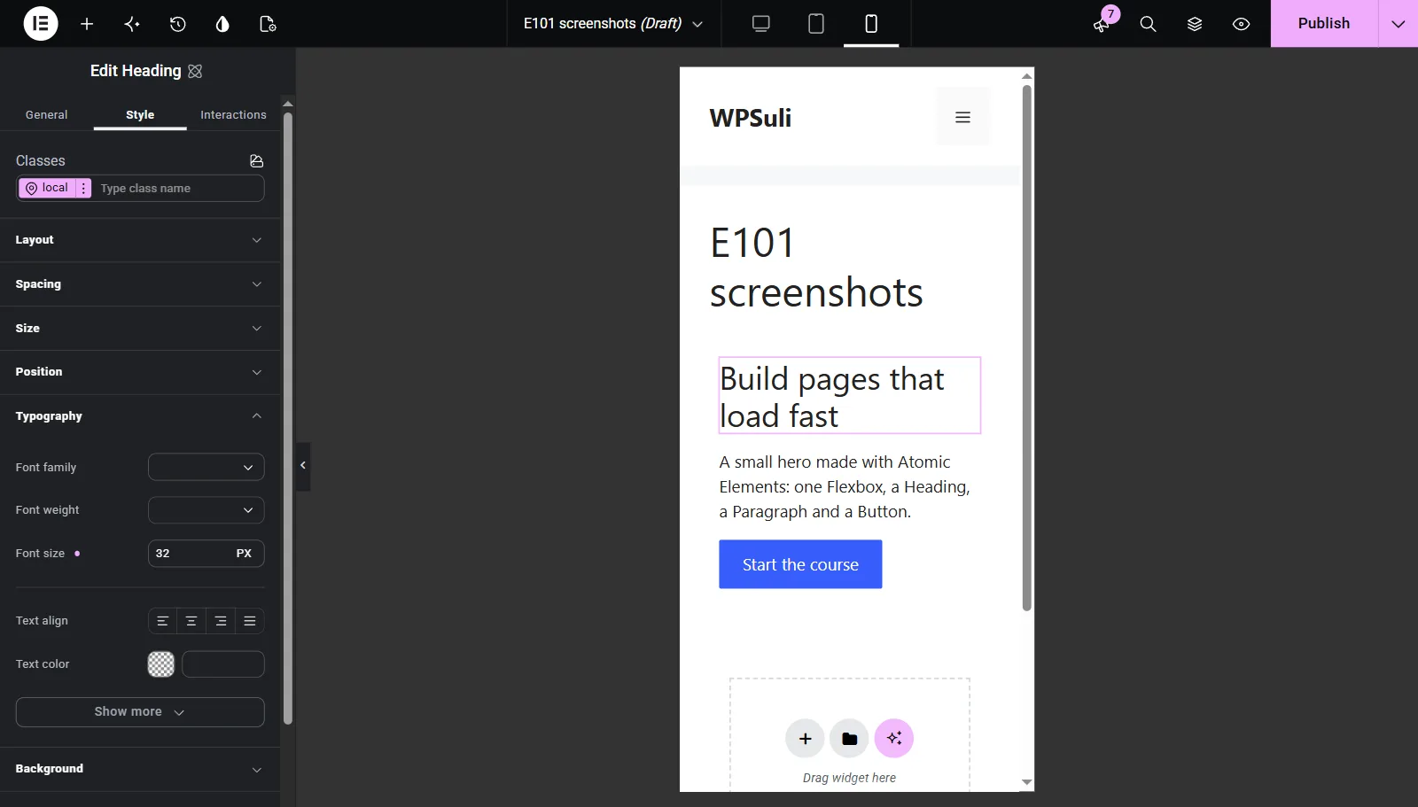 Mobile view in the editor: the canvas narrows to a phone width and the heading's Typography section shows a 32 px font size with a dot next to the label