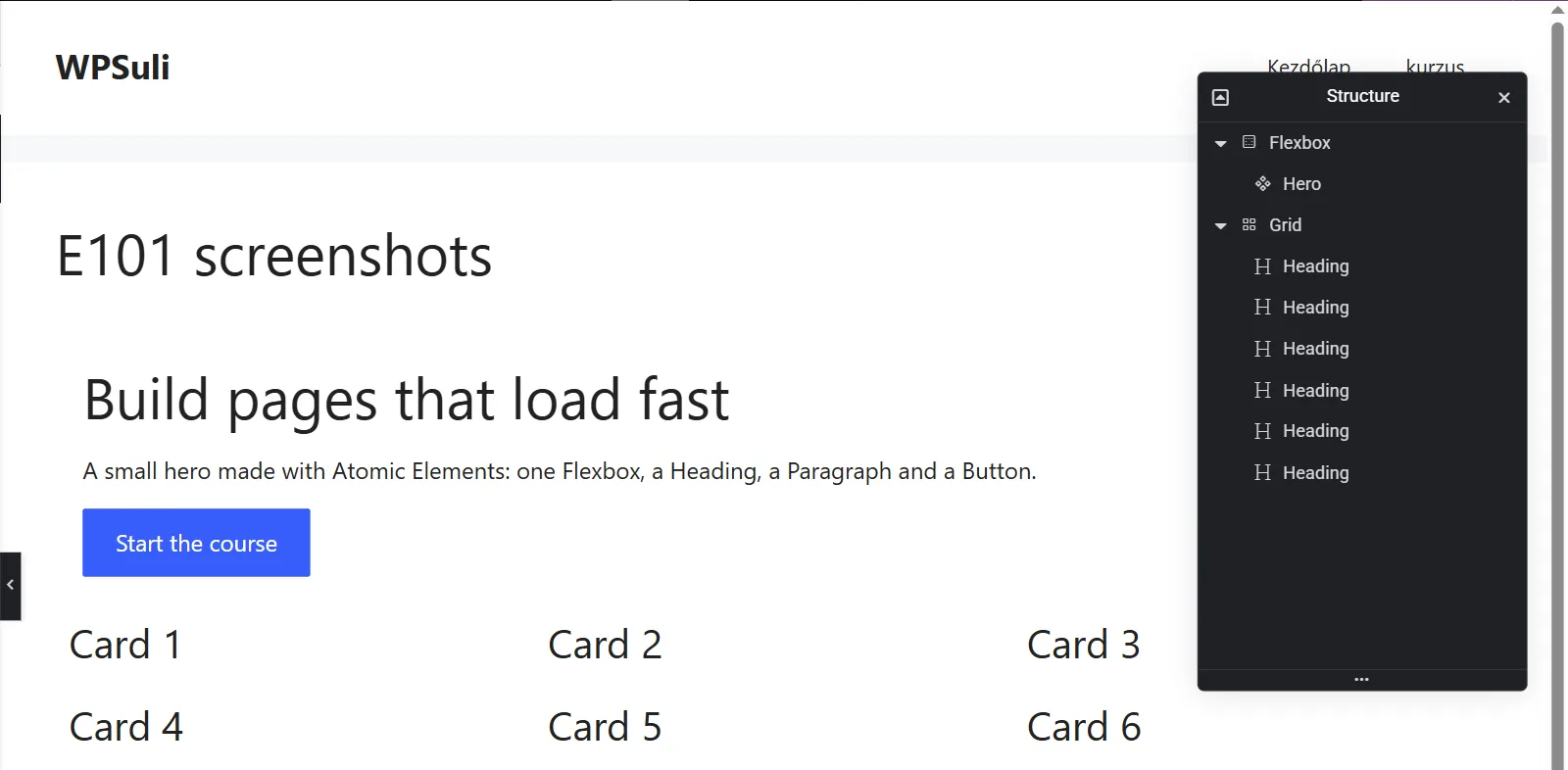 The Structure panel listing a Flexbox that holds a Hero component, and a Grid that holds six Headings, next to the same elements on the canvas